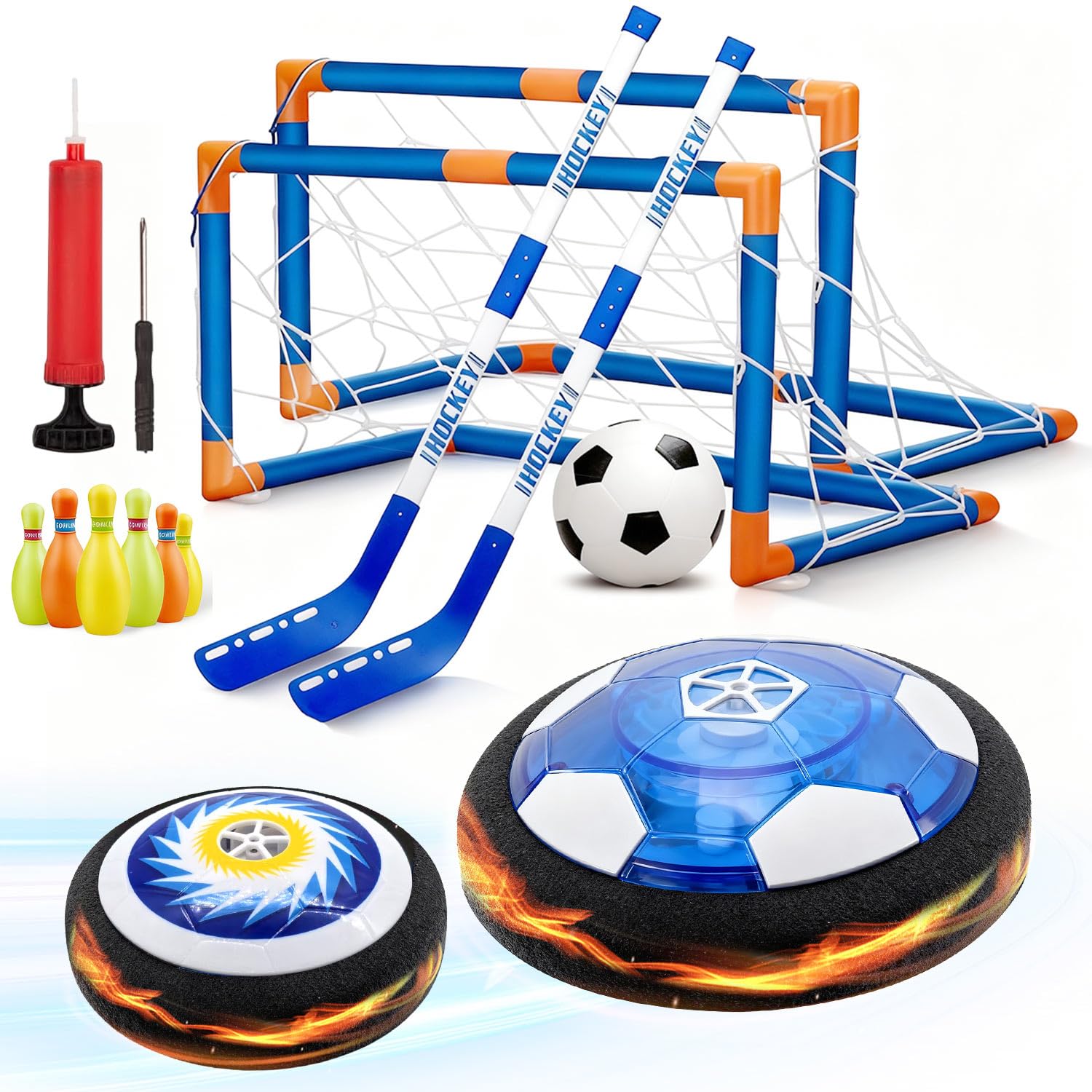 3 in 1 Hover Hockey Football Set, USB Rechargeable LED Hover Football with 2 Goal Bumper, Hover Soccer Indoor & Outdoor Football Games, Air Hockey Floating Football Gift for Age 3 4 5 6-12, Dark Black