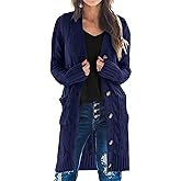 PRETTYGARDEN Long Sleeve Cable Knit Long Cardigan for Women 2026 Spring Winter Chunky Open Front Button Sweaters with Pockets