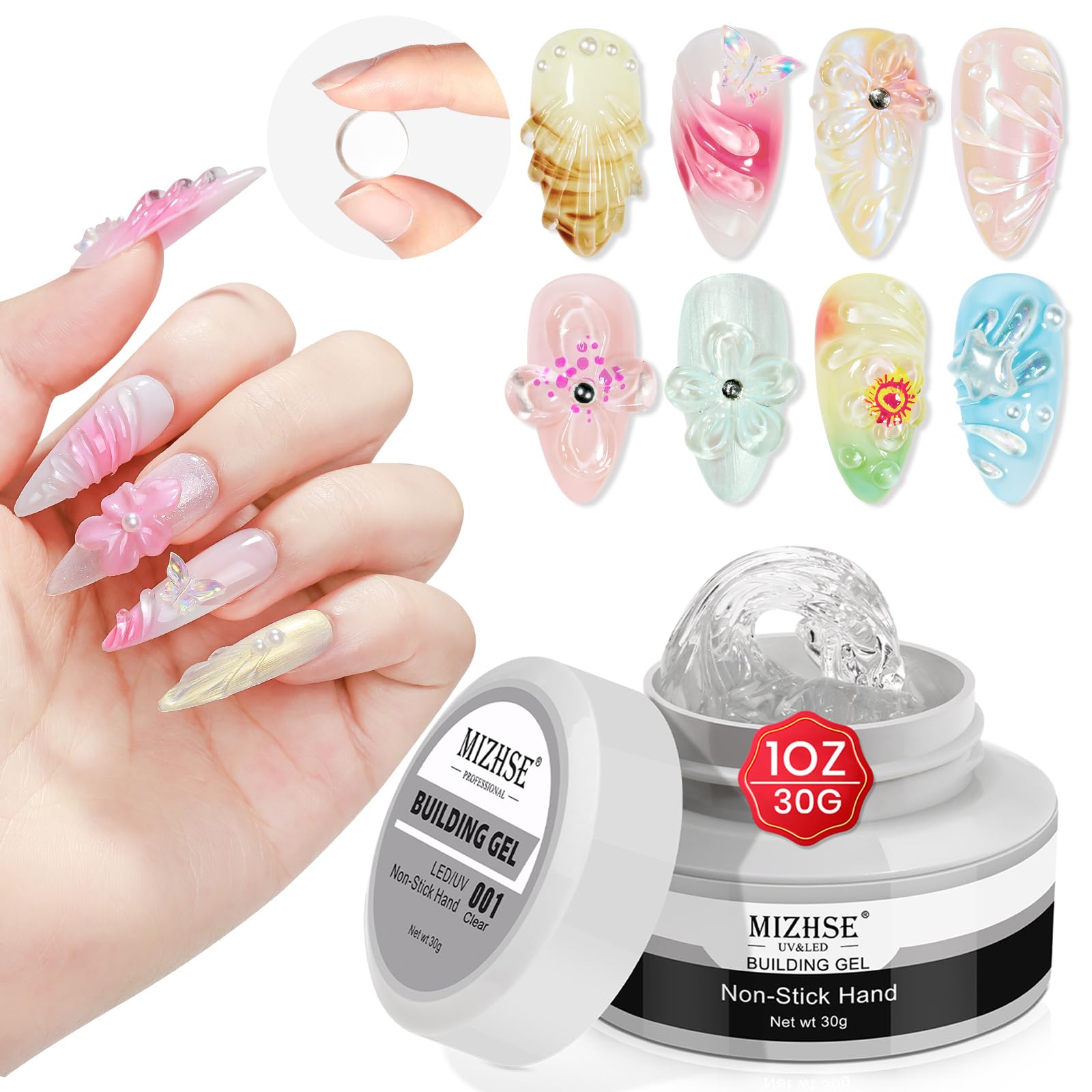 MIZHSE Solid Builder Gel, 30g Clear Non-stick-hand 3D Sculpture Gel For Nails Extension Strengthening Nail Decoration UV/LED Quick Extension