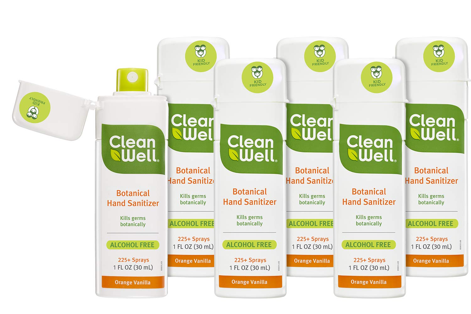 Cleanwell Botanical Hand Sanitizer Spray, Travel Size, Alcohol Free, Antibacterial, Kid Friendly, Plant-Based, Cruelty Free, Moisturizing Formula, Orange Vanilla, 1 Fl Oz (Pack of 6)