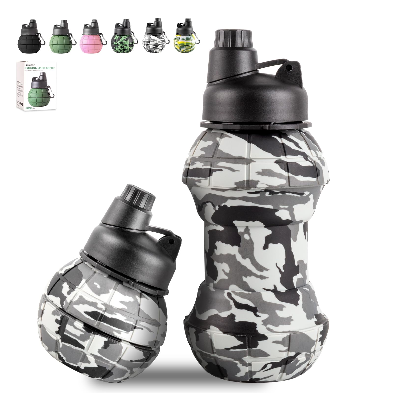 Photo 1 of COCTN Collapsible Travel Water Bottles, 550ml Silicone Foldable Grenade Type, Leakproof Portable Expandable for Traveling, Camping, Hiking, Cycling & Sports Outdoor