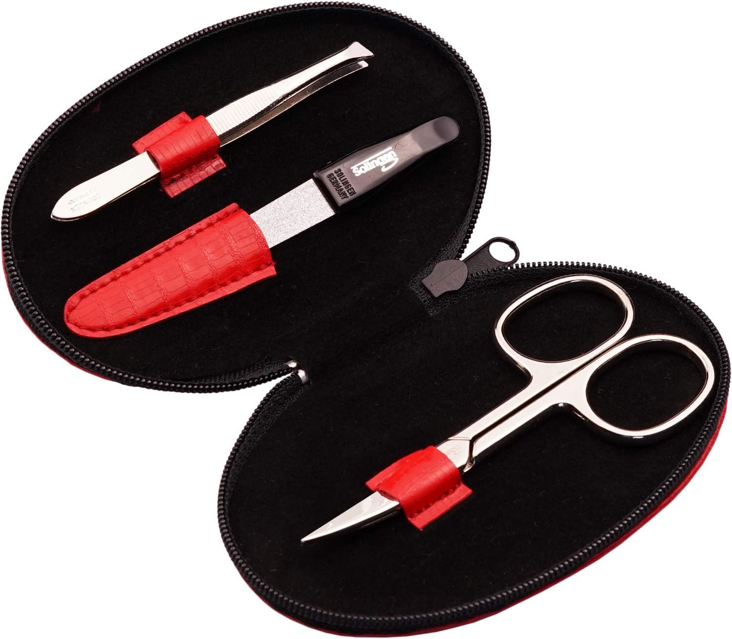 Solingen Manicure Set for Women and Men - 4-Piece Nail Kit, comprising sharp scissors, tweezers, nailclippers, and sapphire nailfile - Ideal for travelling, rose