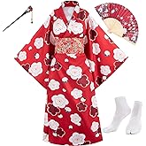 Japanese Anime Women's Long Kimono Robe Fancy Dress Hand Held Silk Folding Fans Tabi Socks Hairstick Set Sakura Red