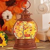 Fall Snow Globe Lantern Fall Decorations for Home Lighted Autumn Thanksgiving Decor with 6H Timer Maple Leaf Bench Scene Glitter Snows Globes, USB/Battery Operated
