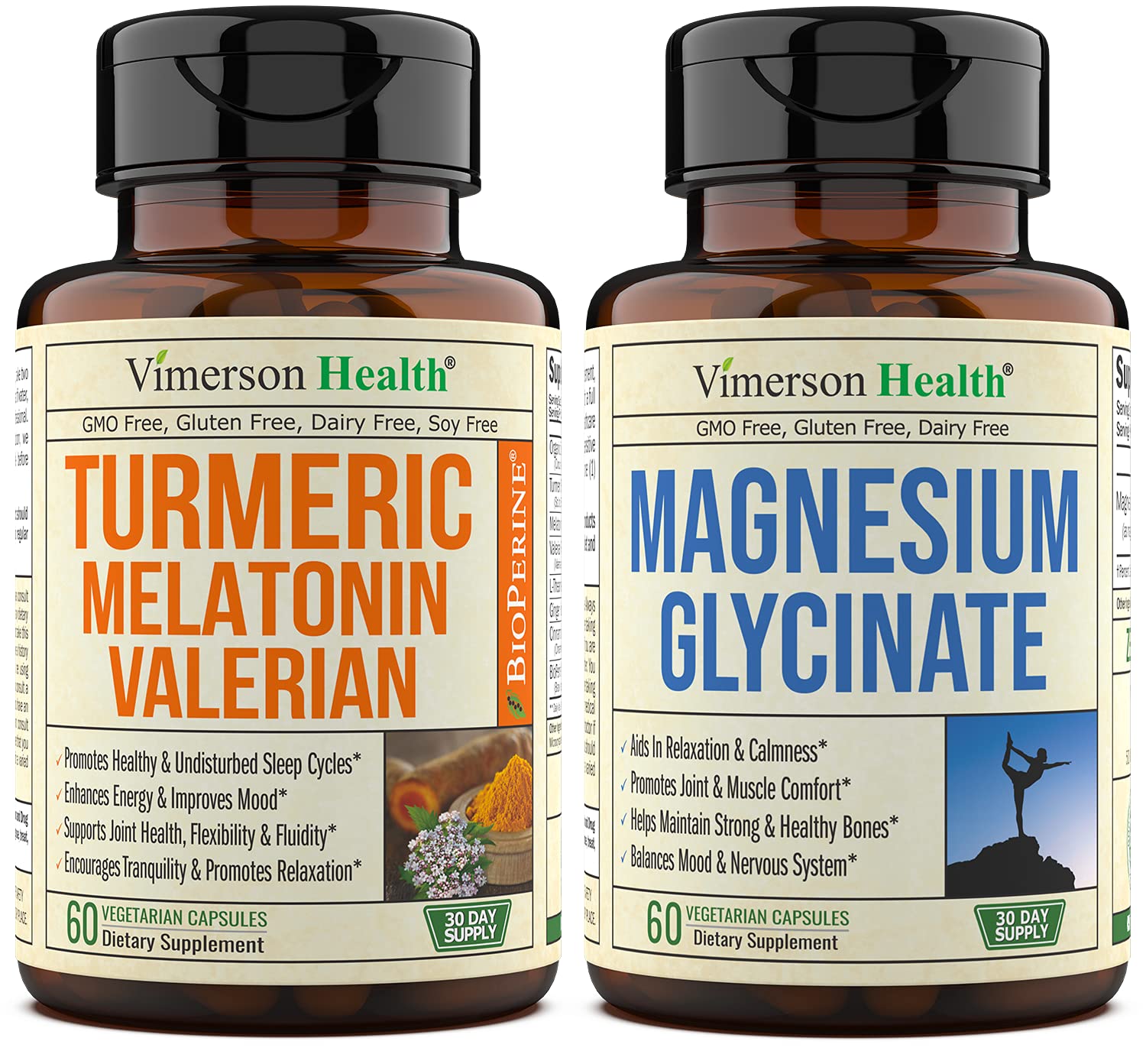 Vimerson Health Turmeric Curcumin Melatonin Valerian Root + Magnesium Glycinate 2-Bottle Bundle – Sleep, Fatigue, Relaxation Aid. Joint and Muscle Pain Relief. Antioxidant Properties Supplement