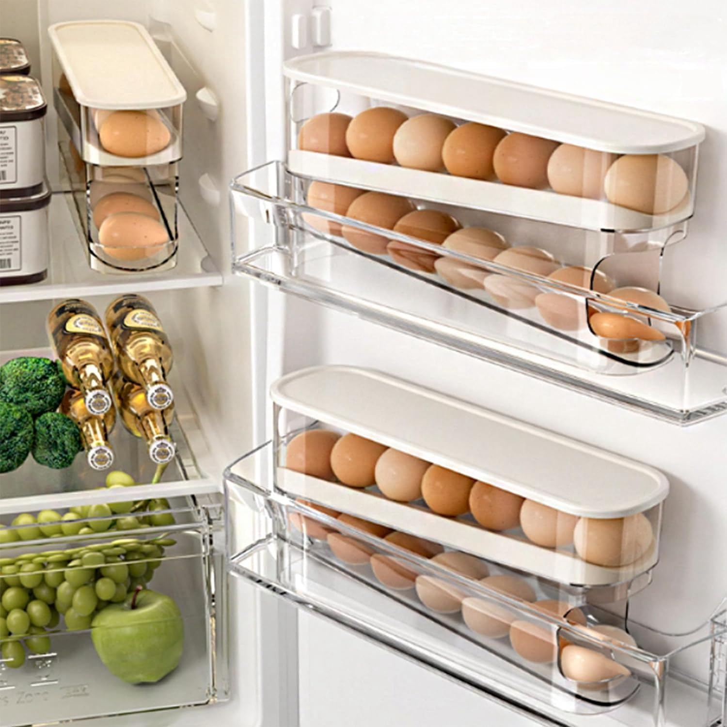 Bnimtm Rolling Egg Storage, Egg Holder for Fridge, Space Saving Egg Rack for Refrigerator, 2-Tier Egg Dispenser Organizer with Transparent Cover, Holds 12 Large Eggs