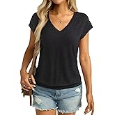 Micticsi Womens V Neck Cap Sleeve T Shirts Banded Bottom Top Loose Fit Short Sleeves Tee Casual Summer Basic Tops 2025