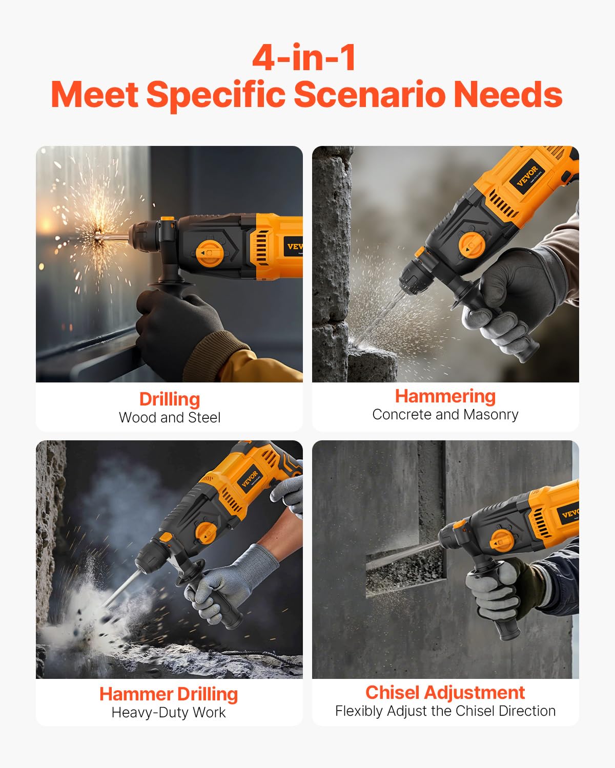VEVOR 1 Inch SDS-Plus Rotary Hammer Drill, 8 Amp Corded Drills, Heavy Duty Chipping Hammers w/Safety Clutch, Electric Demolition Hammers, Taladro Rotomartillo, Power Tool For Concrete