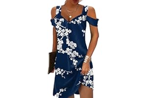FULLVEB Summer Casual Cold Shoulder Dresses for Women 2024 Trendy Boho Ethnic Floral Tribal Marble Print V Neck Mini Dress