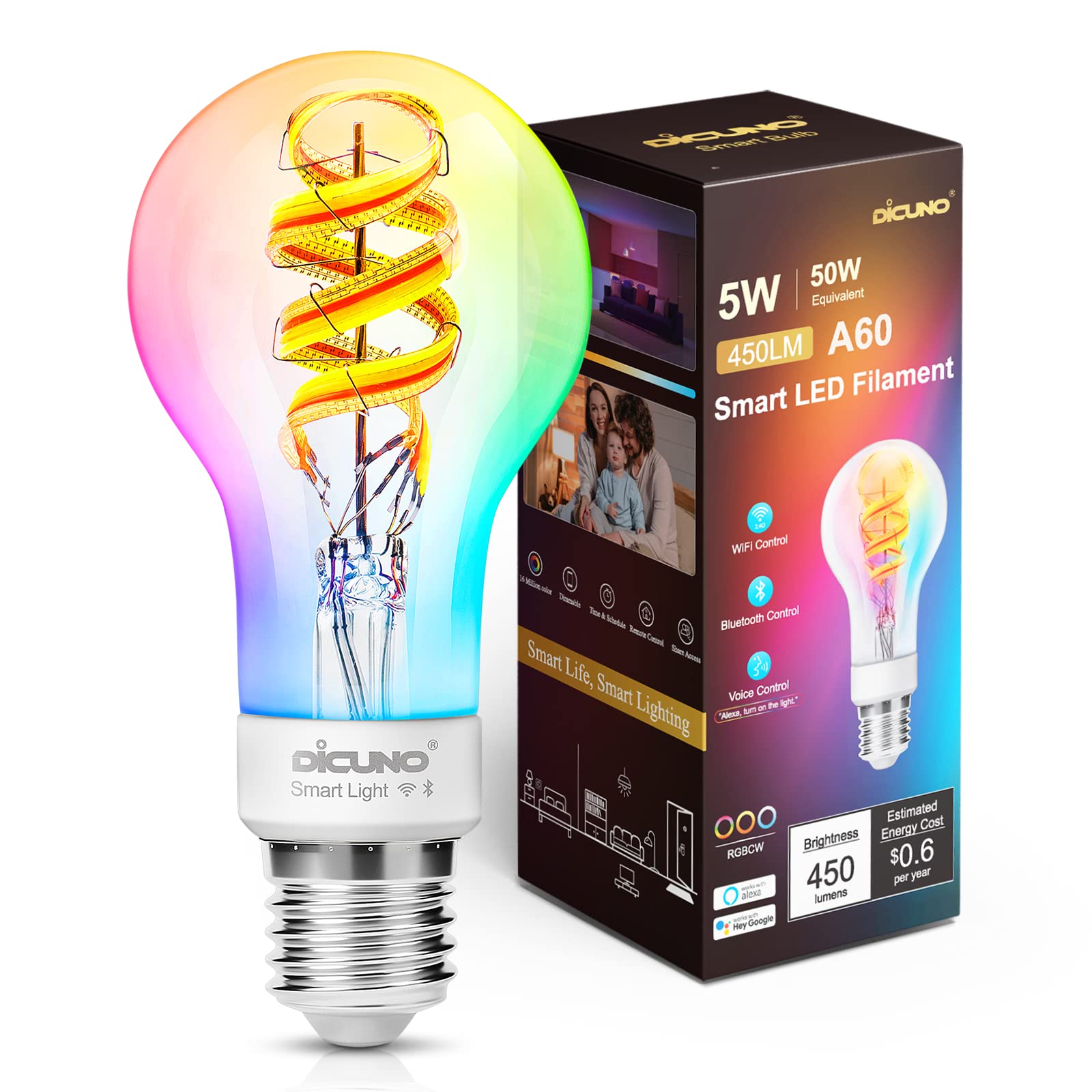 DiCUNO White Filament A60 LED Smart Bulb E27, 5W Dimmable Smart Connected WiFi Clear Light Bulb, 450LM, Works with Alexa, Google Assistant, Apple Homekit, 1 Pcs