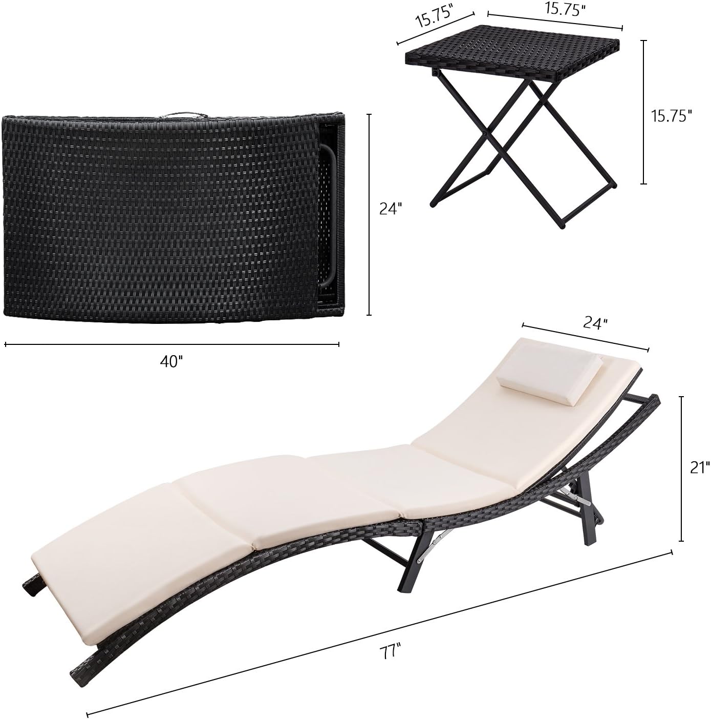 Devoko Patio Chaise Lounge Sets Outdoor Rattan Adjustable Back 3 Pieces Cushioned Patio Folding Chaise Lounge with Folding Table (Beige): Garden & Outdoor