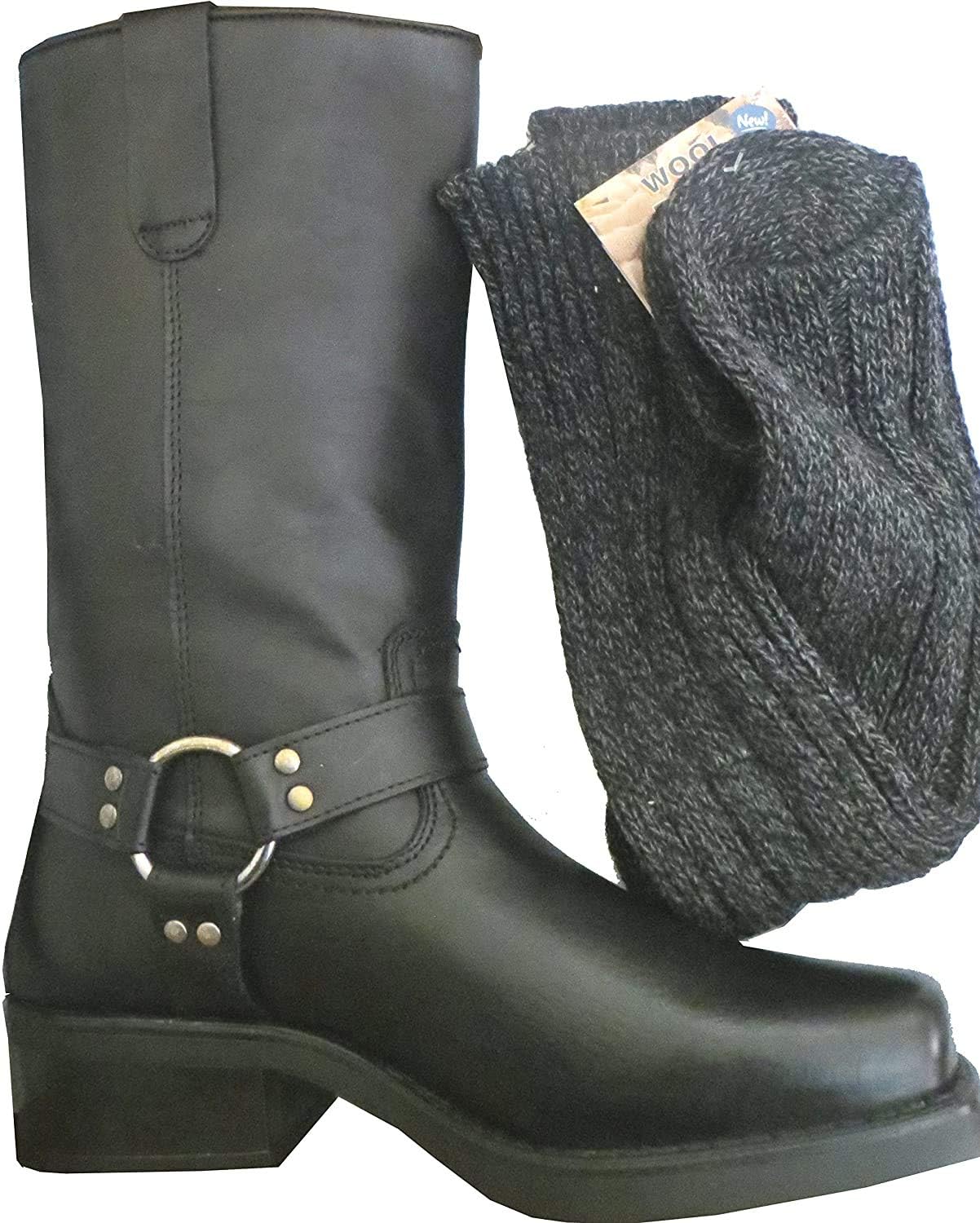 Mens Calf Length Leather Terminator Biker Cowboy Boots & Boot Socks Set