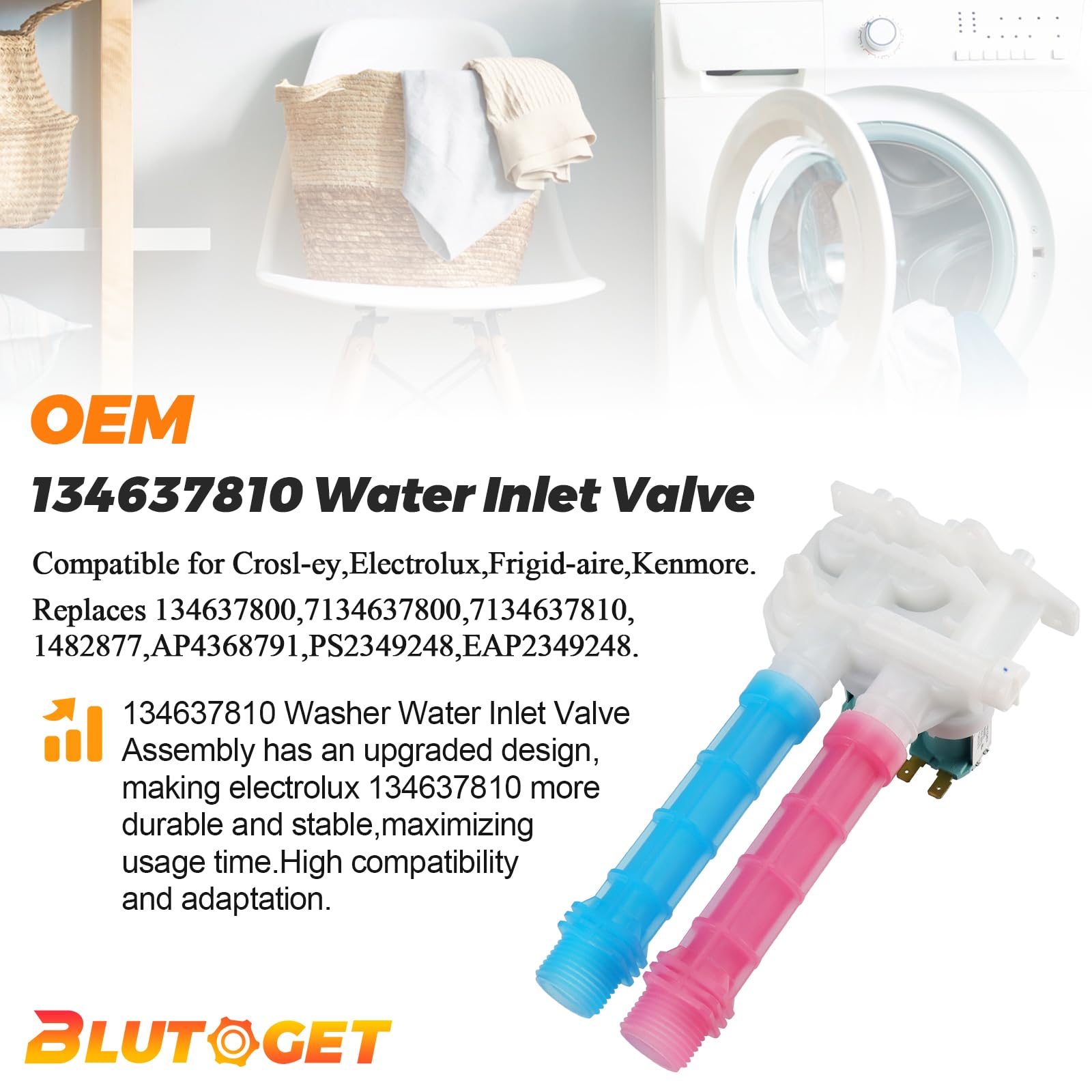 134637810 Water Inlet Valve OEM by Blutoget (5 YEAR WARRANTY) - Compatible with Frigi-daire Ken-more Electrolux Crosley Washing Machine - Replaces 134637800,7134637810,AP4368791,PS2349248, 1482877