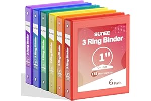 SUNEE 1 Inch Binders 3 Ring 6 Pack, Clear View Three Ring Binders PVC-Free (Fit 8.5x11 Inches) for School Binder or Office Binder Supplies, Classic 6 Colors