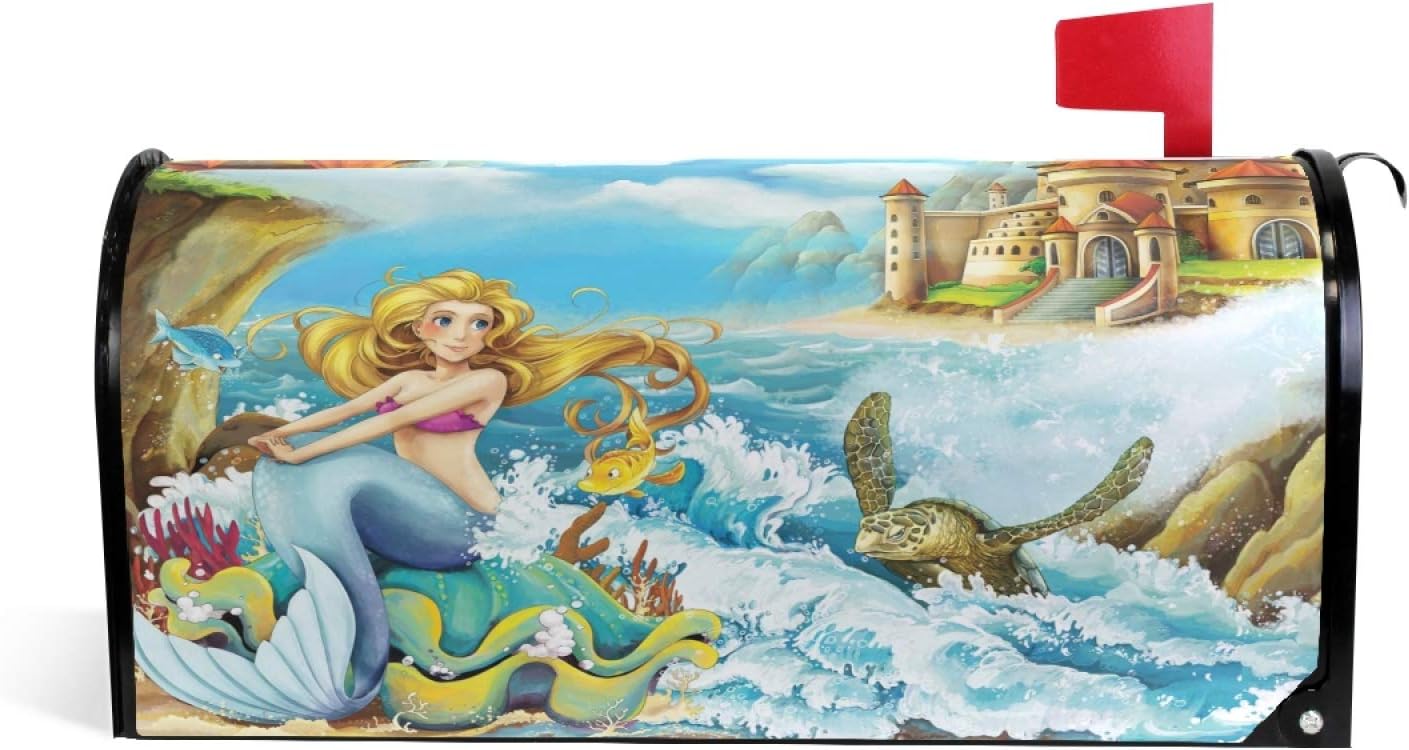 UNISE Cartoon Fairy Tale Mermaid and Sea Turtle Mailbox Covers Magnetic Oversize Seasonal Post Letter Box Cover 20.7 x 18.3 Inch for Garden Yard Farmhouse Outdoor