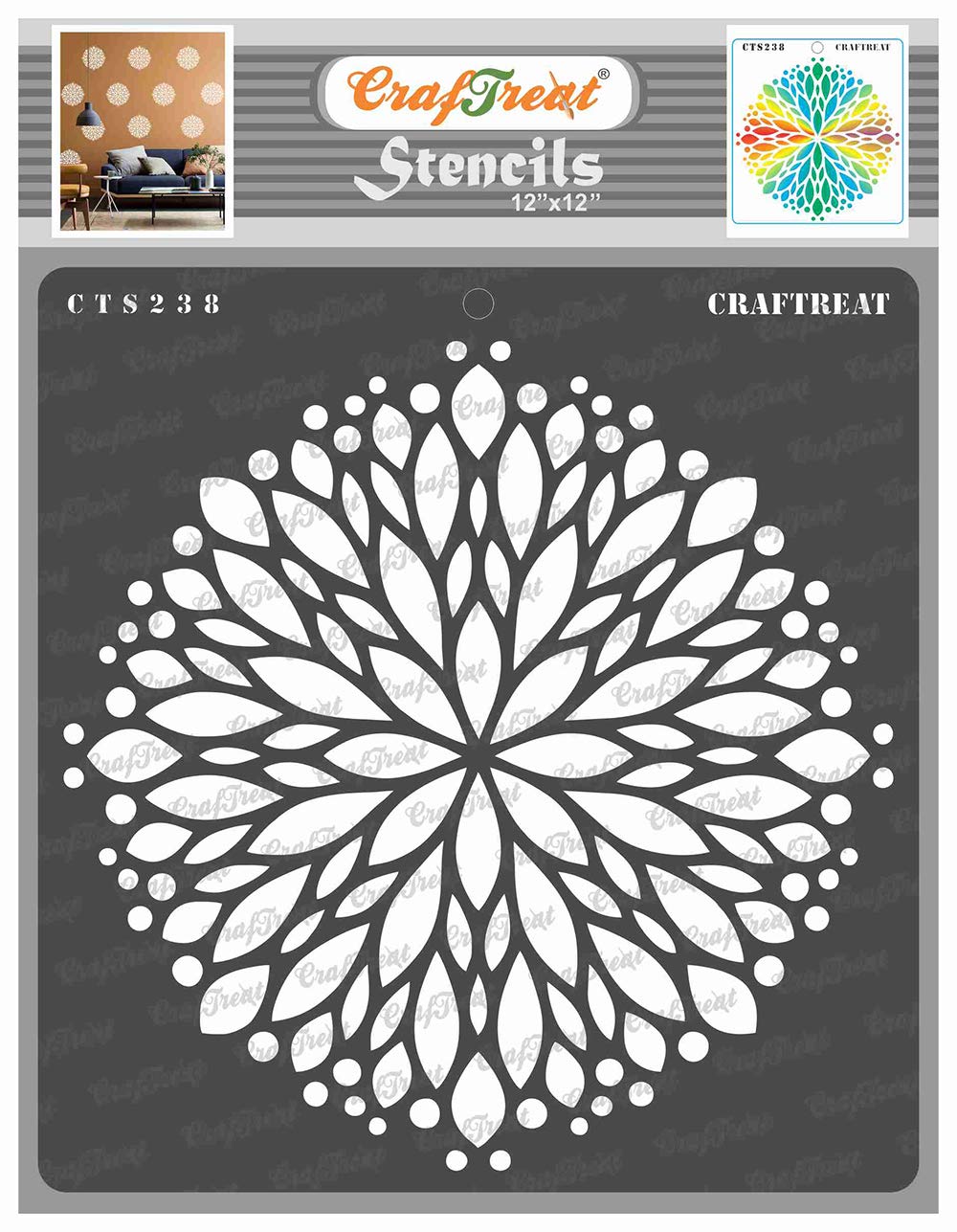 CrafTreat Reusable Flower Mandala Wall Stencils for Painting Large Pattern - Flower Burst - 12x12 Inch - DIY Art and Craft Stencils - Mandala Stencil - Large Flower Stencils for Painting on Walls