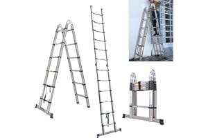 ANSIMIDA A-Frame Telescoping Ladder 12.5 Feet Stainless Steel Folding Extension Ladder, 3.8m Collapsible Ladder 330 LBS Capacity w/Stabilizer Bar & Locking Mechanism, for Home Office Loft Use