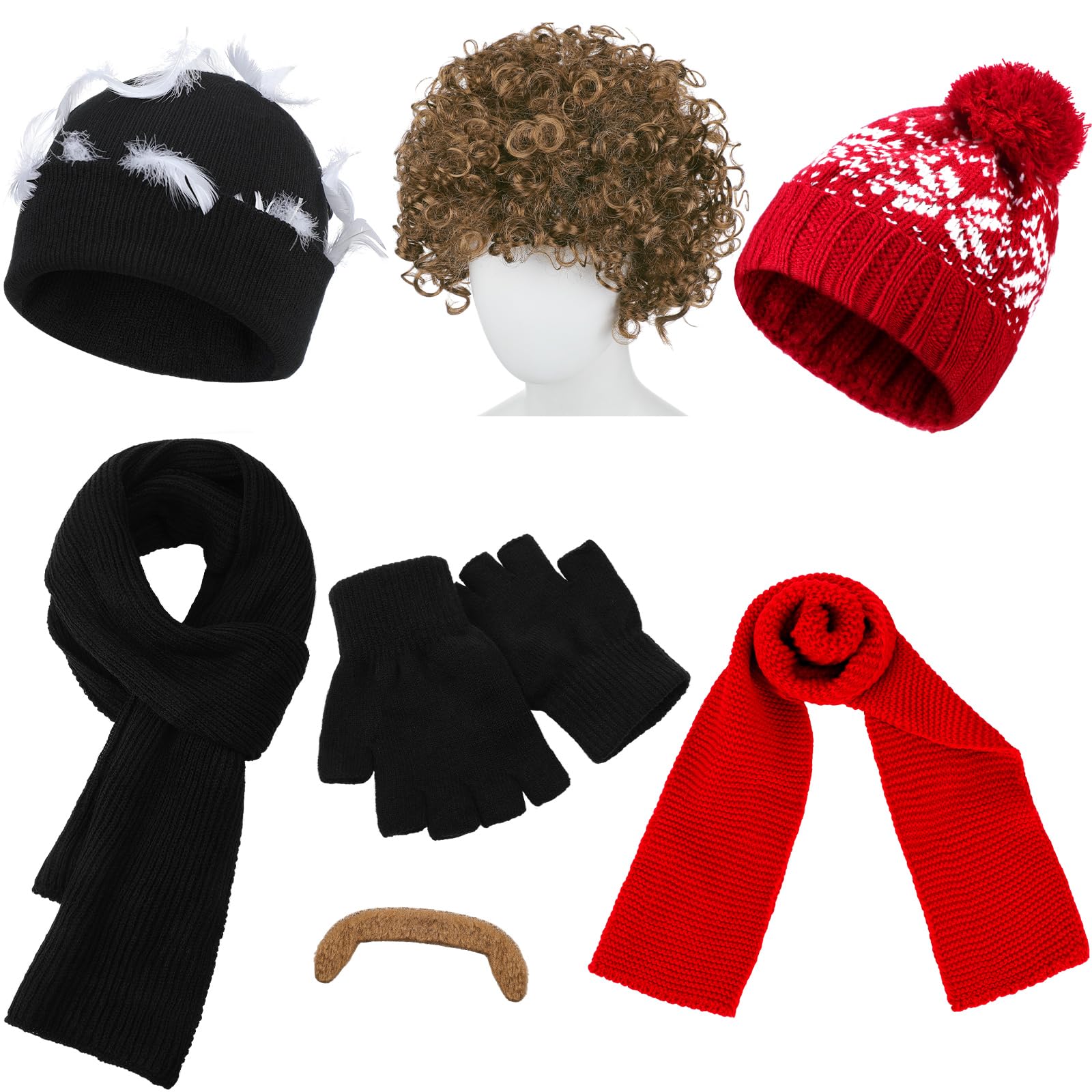 Photo 1 of Mepase 8 Pcs Christmas Funny Movie Costume Home Intruder Thief Robber Costume Accessories Include Afro Wig Mustache Beanie Hat Scarf Gloves with Feathers for Christmas Holiday Cosplay Party