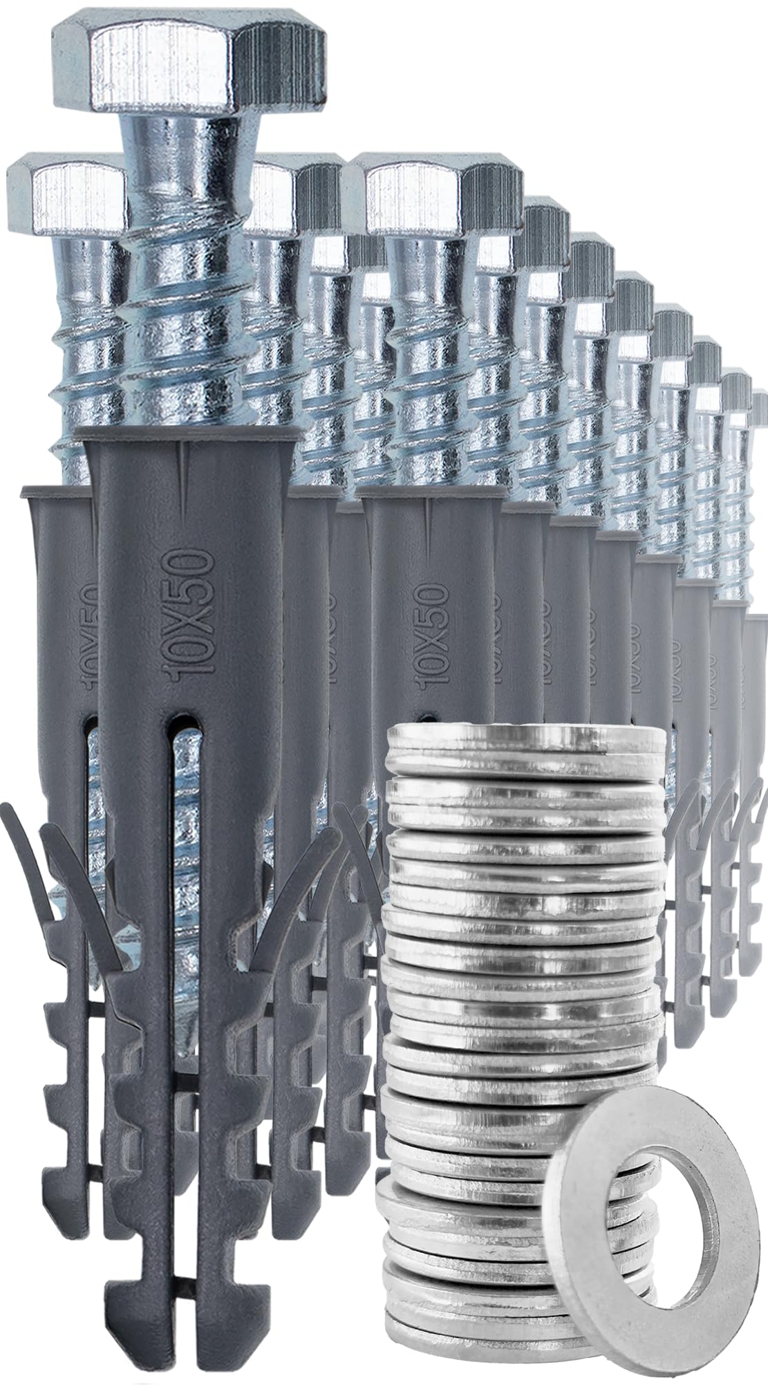 1STec 25 x M10 x 50 mm Strong Galvanised Satellite Anchor Nylon Mungo Wall Plug + Heavy Duty Coach Screw with 13mm HEX Bolt Head for Fixing Aerial Mast Sky Dishes TV Mount Brackets Shelving Racking