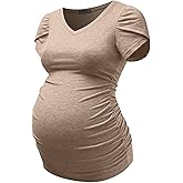 GINKANA Maternity Tops Short Petal Sleeve Tshirt V Neck Tee Ruched Sides Shirts Casual Basic Tunic Pregnancy Tshirt Blouse