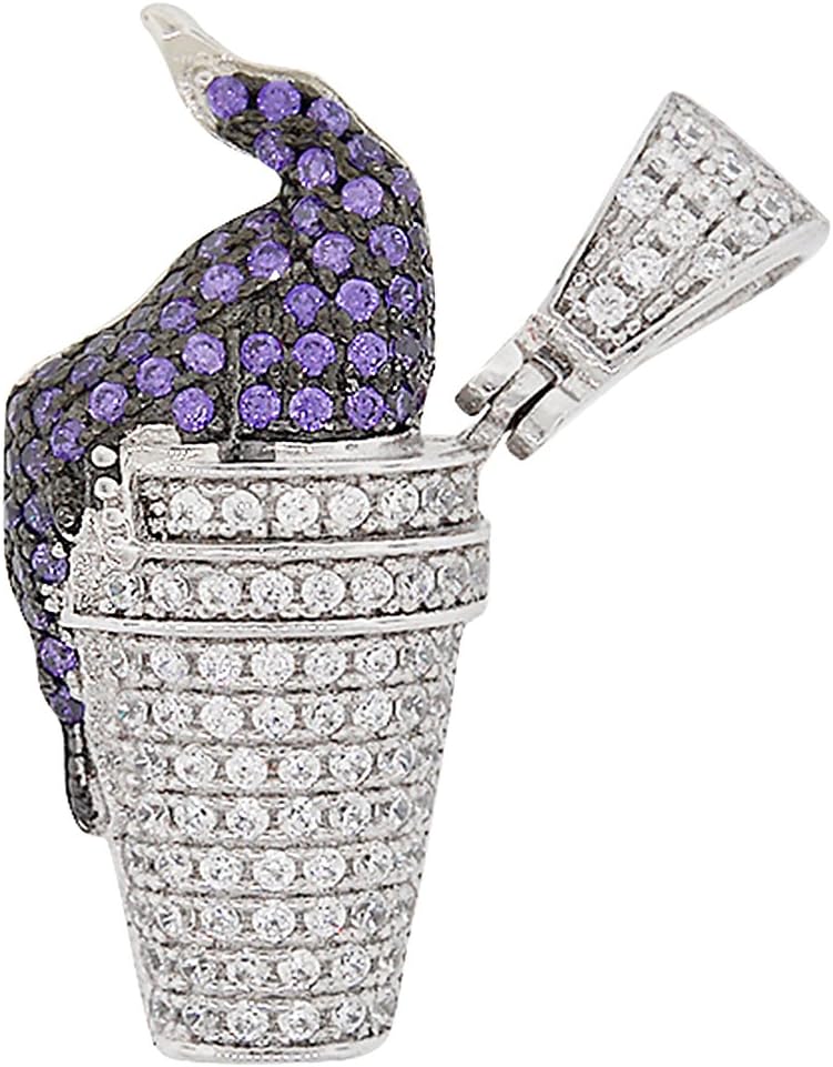 Men's Rhodium-Plated Sterling Silver Round Cut Cubic Zirconia Lean Purple Drank Pendant, 1.00" x 0.75"