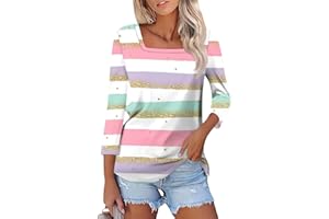 ROKIACDE 3/4 Length Sleeve Womens Tops,Basic Striped Tshirts Shirts Summer 2024 Gym Blouse Plus Size Athletic Tunic Top