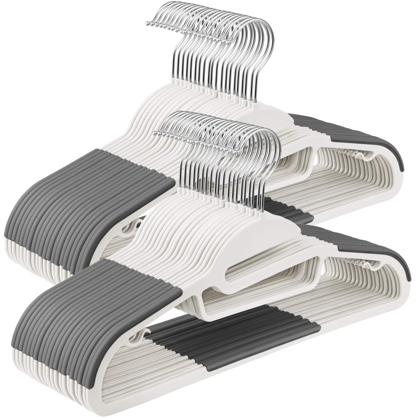 SONGMICS 50 Pack Coat Hangers, Heavy-Duty Plastic Suit Hangers, S-Shaped Opening, Space-Saving, 360º Swivel Hook, 16.3 Inches Wide, Cloud White and Dark Gray UCRP041WG03 Image