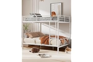 Miscoos Metal Full Over Full Size Bunk Bed with Ladder and Full-Length Guardrail, Heavy-Duty Bed Frame Convertible into Two Beds for Kids Teens Girls Boys, White
