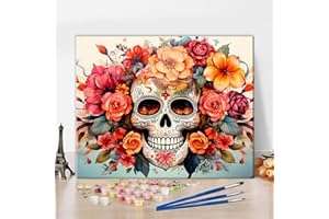TUMOVO Skull Paint by Number for Adults, Flowers and Skull Paint by Numbers, DIY Oil Painting on Canvas, Abstraction Oil Painting with Brushes and Pigment, 16x20 Inch, Frameless