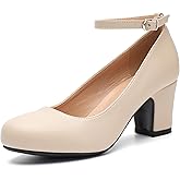 Women's Ankle Strap Low Block Chunky Heels Pumps Closed Round Toe Dress Wedding Office Work Church Shoes