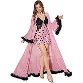 OYOANGLE Women's Ruffle Trim Long Sleeve Belted Sheer Mesh Wedding Bride Robe Nightgown