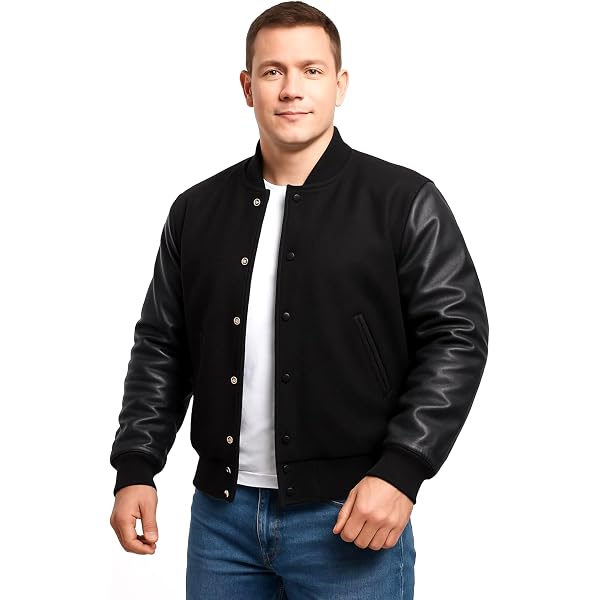 Chaqueta Tipo Letterman Universitaria Stewart & Strauss - Cuerpo De Lana Negra, Mangas De Piel Crema