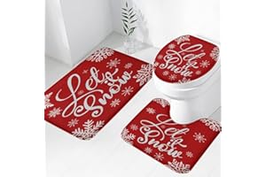 Easternproject 3 Piece Let it Snow Bath Mat Set Christmas Snowflake Red and White Bathroom Rug Sets for Winter Decorations Non Slip Water Absorbent U-Shaped Contour Toilet Mat, Toilet Lid Cover