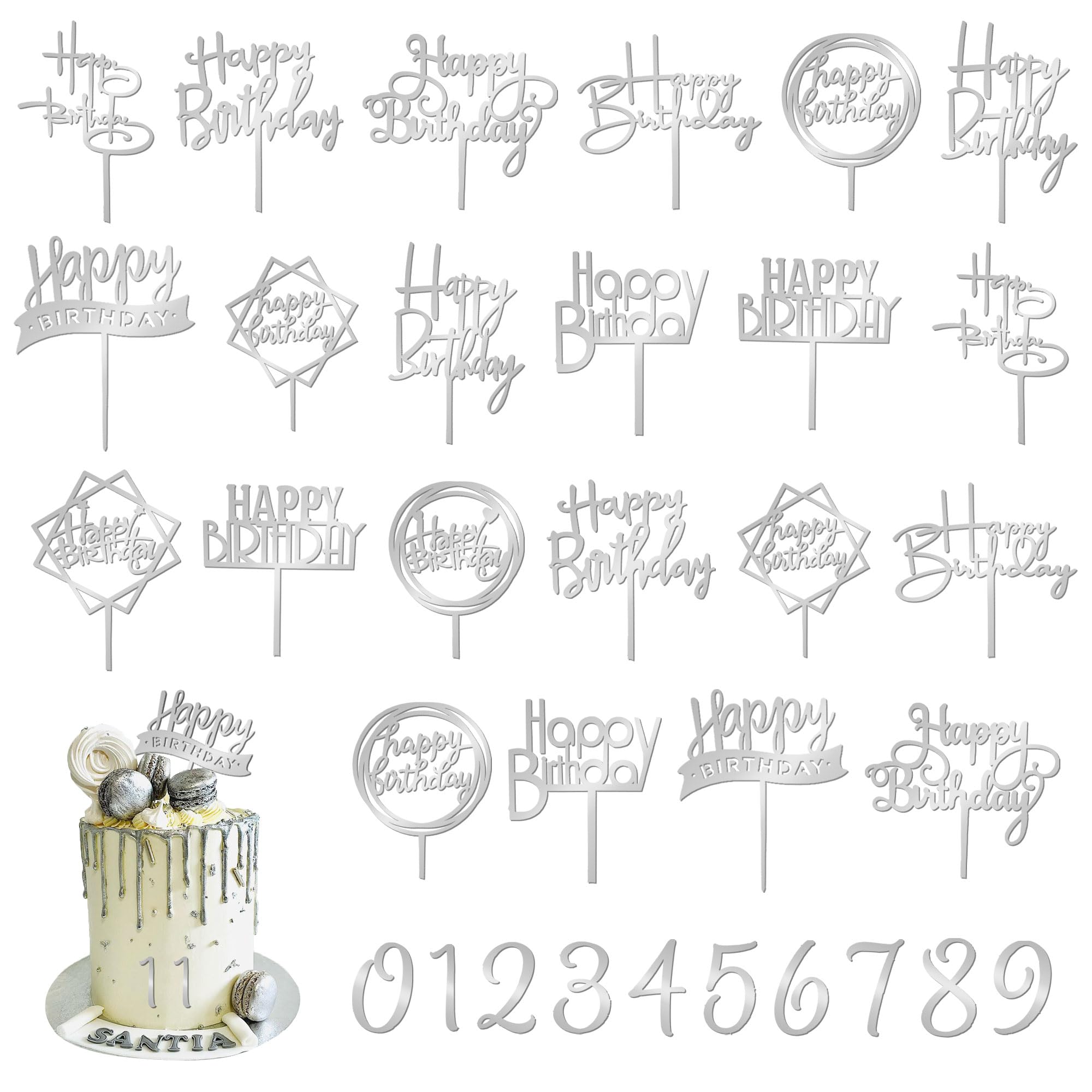 46 PCS Silvery Happy Birthday Cake Topper Acrylic Birthday Cupcake Topper Pick for Birthday Party Cake Desserts Pastries Decorations (Silvery)