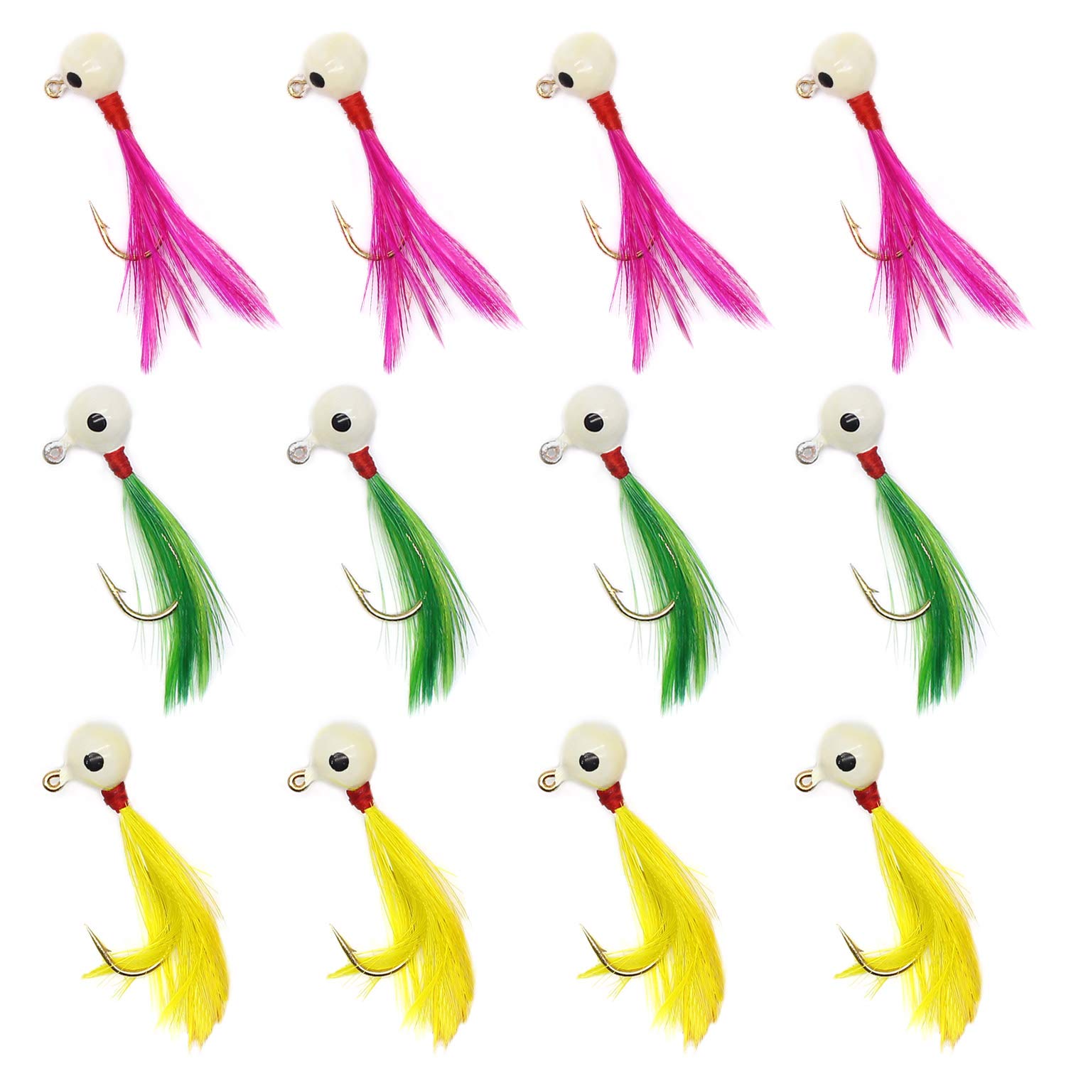 YZD Crappie Jigs Fishing Lure 12pcs/48pcs for Panfish Jig Sunfish Bluegill Perch Walleye Crappie Nipper Fishing Marabou Feather Jig Micro Jig Head Hooks (01 Feather Jig Selections (1/16oz 12pcs))