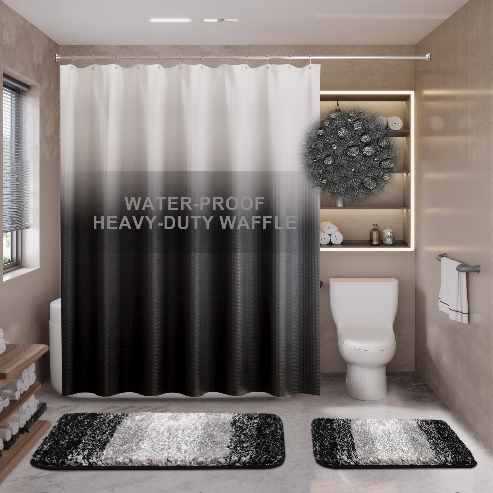 Photo 1 of 15 Pcs Shower Curtain Set Black Bathroom Sets with Shower Curtain and Rugs Ombre Waterproof Thicken Waffle Shower Curtain with 2 Piece Non-Slip Luxury Bathroom Rugs and 12 Hooks for Bathroom Decor