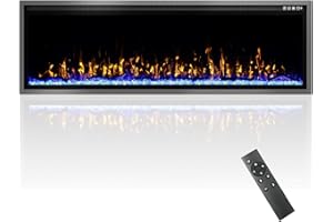 Ludatido 60 Inch Electric Fireplace with Log&Crystal – Ultra-Thin Frame, Realistic Flame, Touch & Remote Control, Recessed or Wall Mounted, 750/1500W Heater-(Ultra)