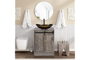 Puluomis Bathroom Vanity, 24 inches Barn Door Modern Wood Fixture Stand Bathroom Cabinet Vanity with Bathroom Gold Glass Vessel Sink Top