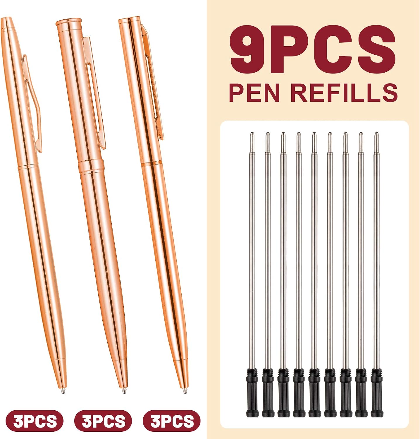 Whaline 9Pcs Metallic Rose Gold Ballpoint Pen with 9Pcs Refills Retractable Ballpoint Pens Black Ink Nice School Prize Stationery Gift for Business Office Students Back to School Supplies - Image 4