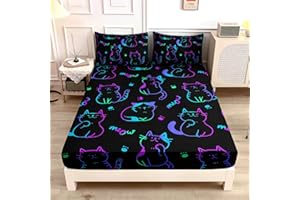 UEVBF 3D Neon Cat Sheets Twin Size Bed Set,Gradient Line Kawaii Cat Fitted Sheet Set for Teens Kids Boys Girls Room Decoration,Black Cute Bedding Fitted Sheet Set,1 Fitted Sheet+2 Pillowcases.