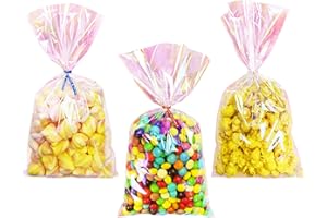 Yotelab Cellophane Treat Bags, 6x12 Inches Iridescent Holographic Cellophane Goodie Bags, Party Favors Bags with Twist Ties,100Pieces