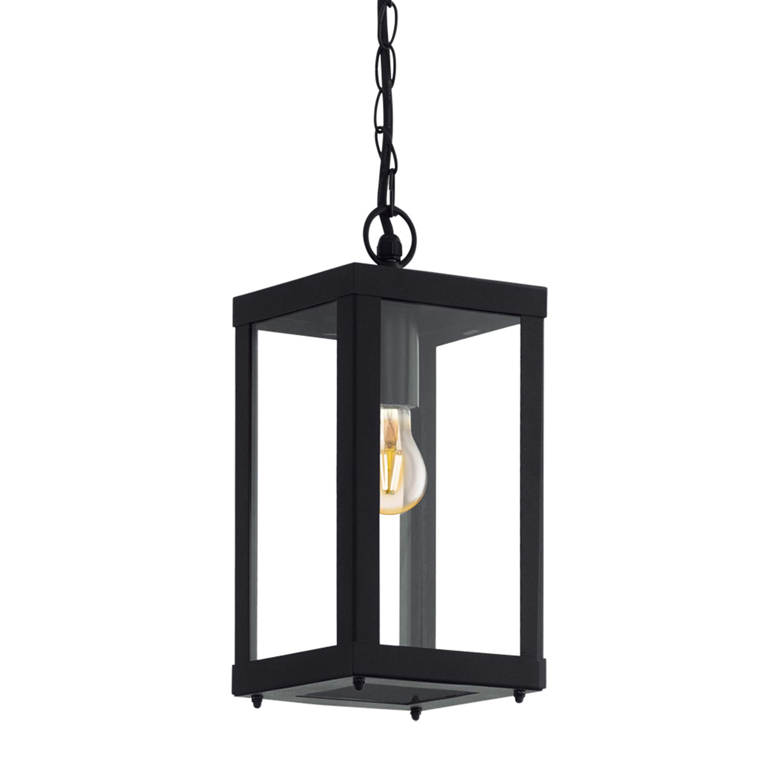 Eglo Outdoor Pendant Lighting Alamonte 1, Outside Light Fitting Made of Black Galvanized Steel and Clear Glass, Industrial Style Porch Lantern, E27 Socket, IP44