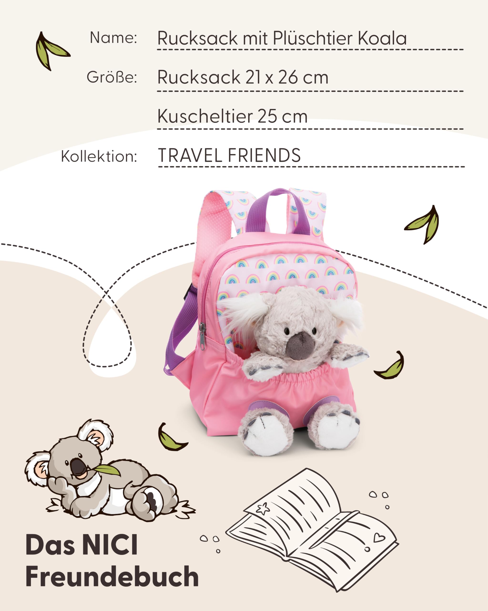 NICI Kinderrucksack rosa 2 in 1 mit Kuscheltier Koala 25cm - Kindergartenrucksack Mädchen & Jungen - Weicher Rückenbereich & verstellbare Gurte - 49841 5