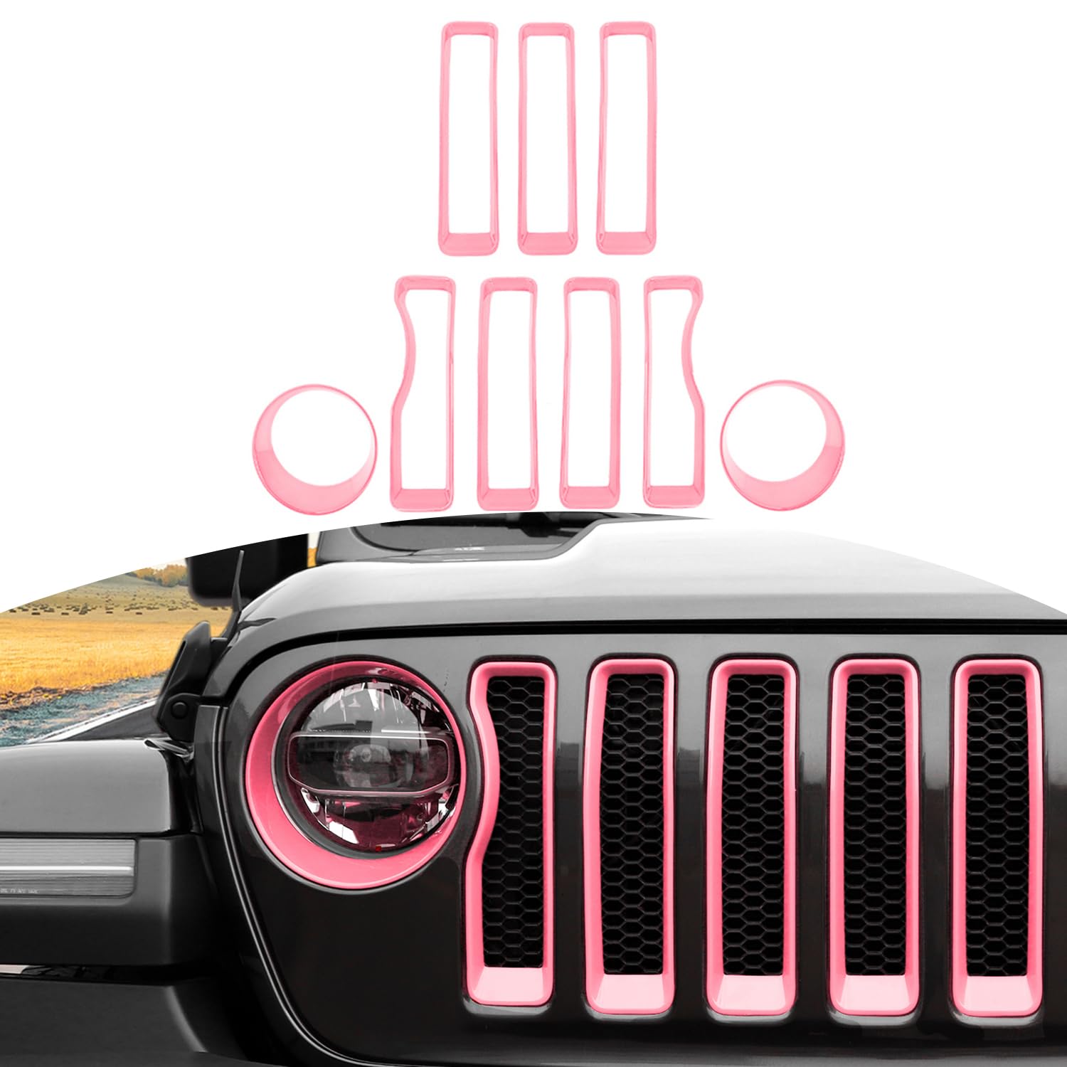 Photo 1 of (BAGGED) (USED/FAIR) RT-TCZ for Wrangler JL Mesh Front Grille Grill Insert Headlight Light Cover Trim for Jeep Wrangler JL JLU 2018-2022 Pink Exterior Accessories 9pcs