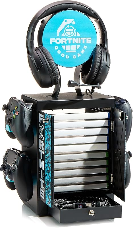 Gabinete oficial de jogos Fortnite Good Game e Suporte de Armazenamento – Capacidade para 10 jogos/DVD, 4 comandos, auscultadores e acessórios – Organizador de Jogos Compacto
