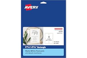 Avery Postcards with Metallic Gold Borders, 3-15/16" x 5-3/16", 40 Total, Laser/Inkjet Printable Postcards (3329)