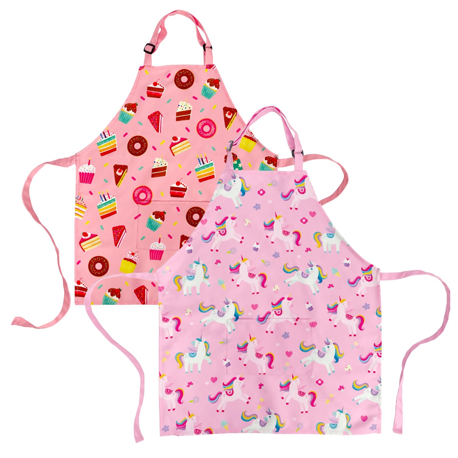 DECOWALL APS-201 Kids Apron 2 Pack - Cup Cake, Unicorn for Girls Boys Chef Kitchen Aprons with Pocket for Children Cooking Baking Painting Crafting Art Gardening Adjustable Strap Gift Little Helper