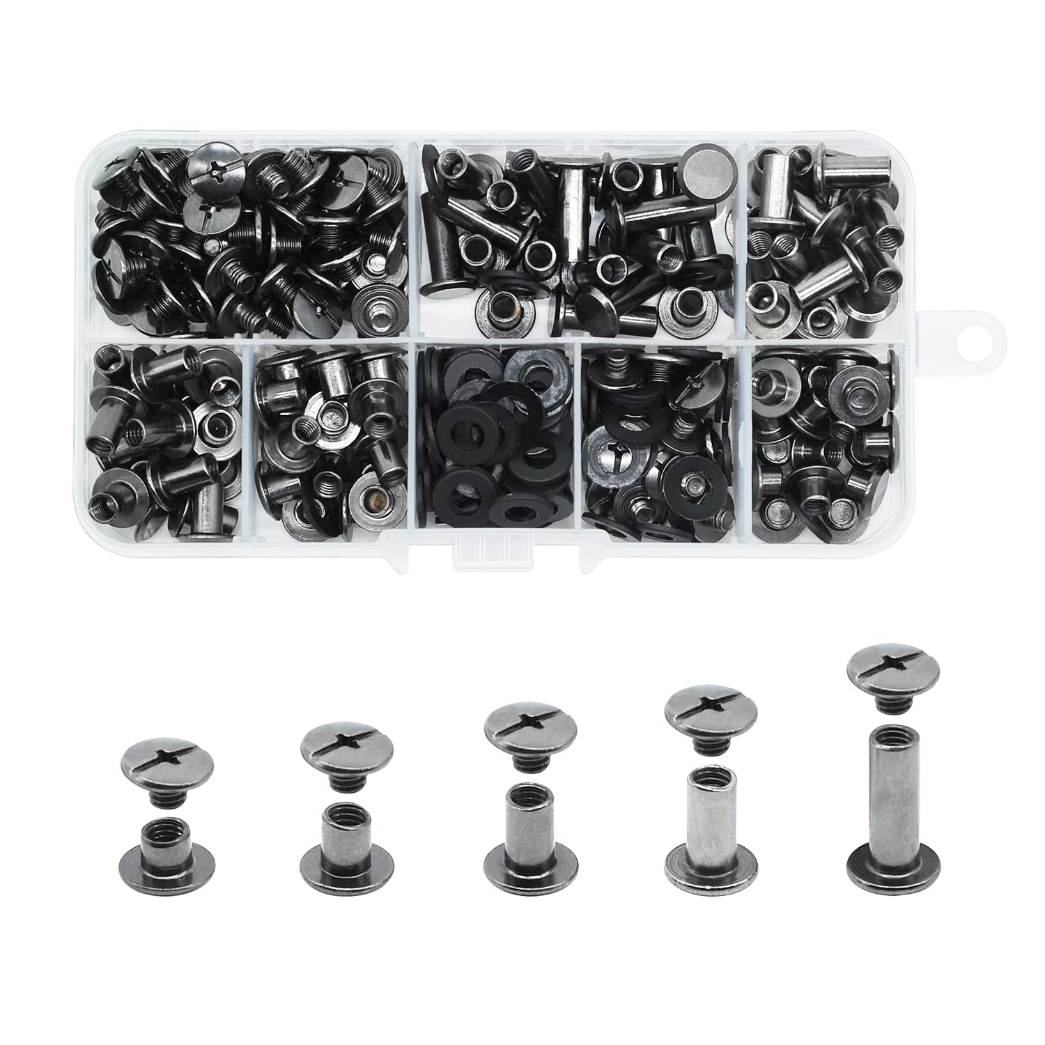 JINTANG 100 Sets Chicago Screws M5*4/6/8/10/15mm Chicago Book Binding Screws Rivets for Leather Metal Rivet Replacement Repair for DIY Book Scrapbook Bookbinding, Bags,Collars(Gun Black)
