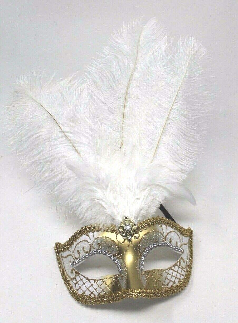 The Good Life WHITE & GOLD VENETIAN MASQUERADE PARTY EYE MASK WITH LONG FEATHERS WITH DIAMONTES