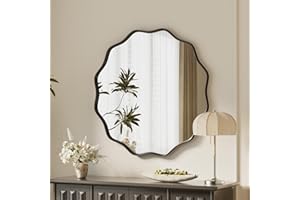 VooBang Black Scalloped Circle Mirror, 20" Wavy Edge Round Wall Mirror with Tempered Glass Textured Circular Metal Deep Frame, Hanging Leaning for Bathroom, Hallway, Entryway, Livng Room